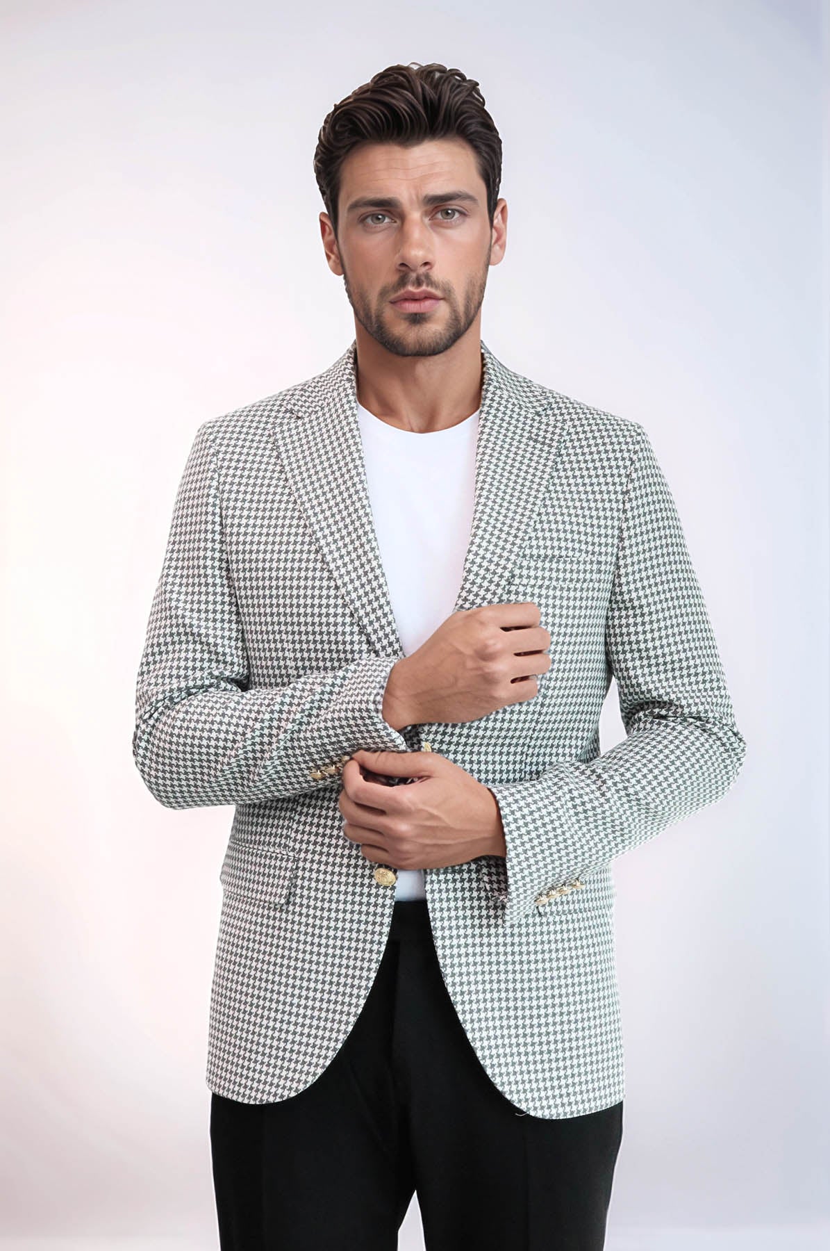 Light Grey Houndstooth Pattern Gold Metal Button Slim Fit Men's Blazer Jacket - Wessi