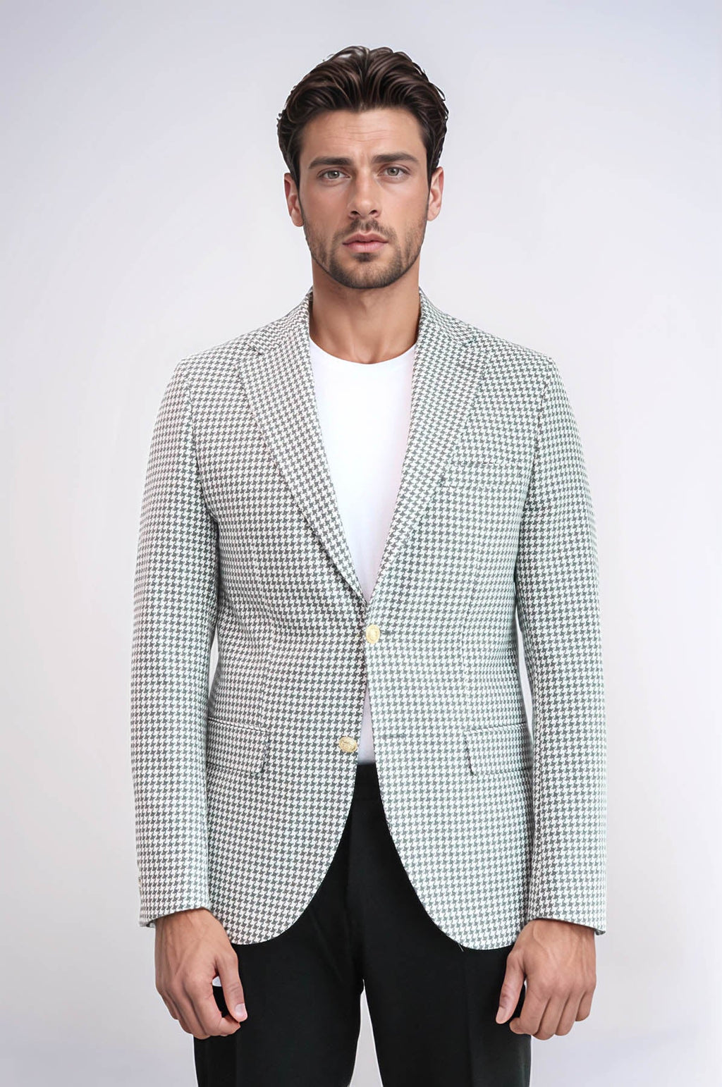 Light Grey Houndstooth Pattern Gold Metal Button Slim Fit Men's Blazer Jacket - Wessi