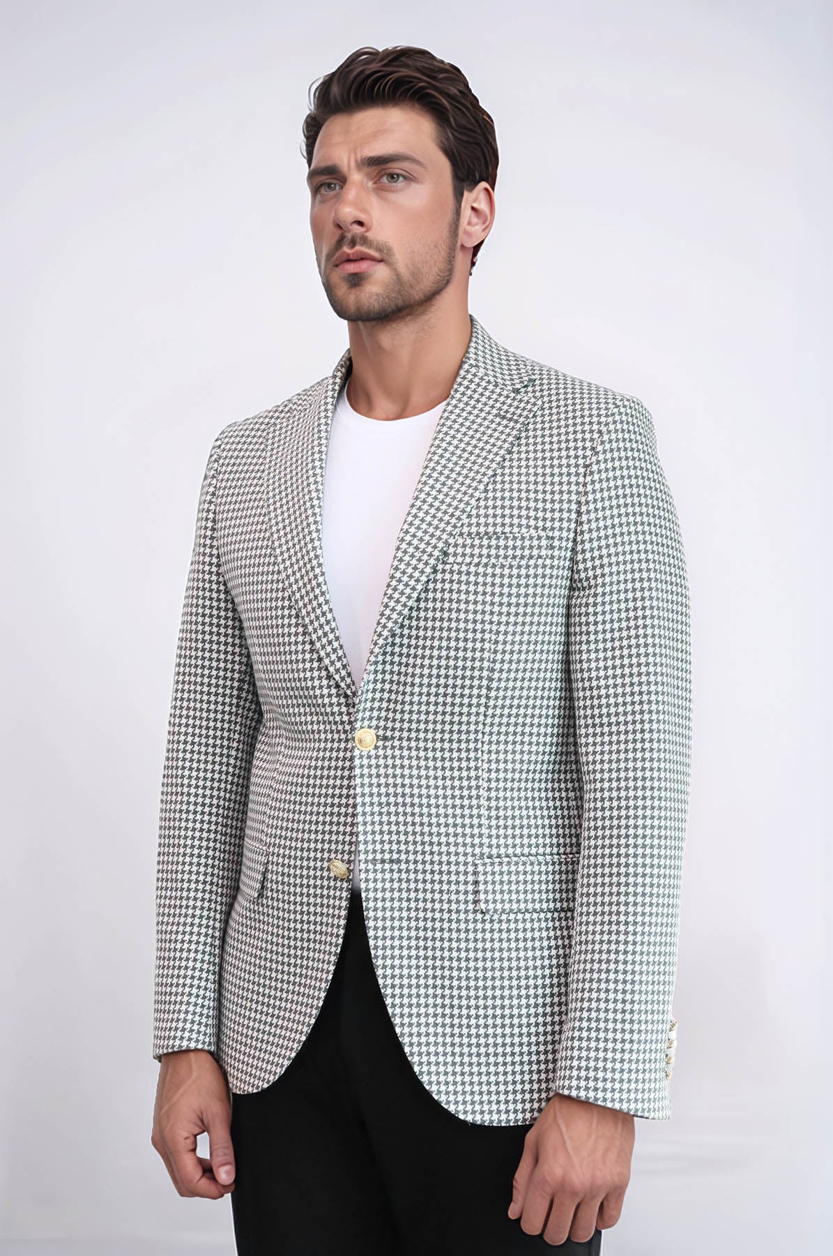 Light Grey Houndstooth Pattern Gold Metal Button Slim Fit Men's Blazer Jacket - Wessi