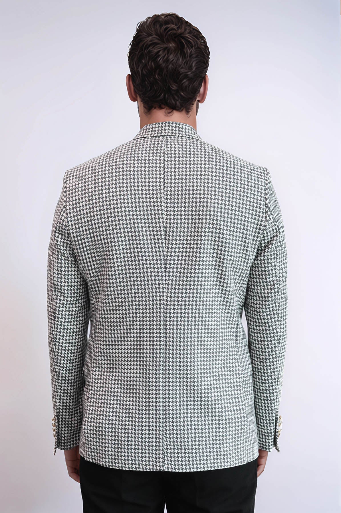 Light Grey Houndstooth Pattern Gold Metal Button Slim Fit Men's Blazer Jacket - Wessi