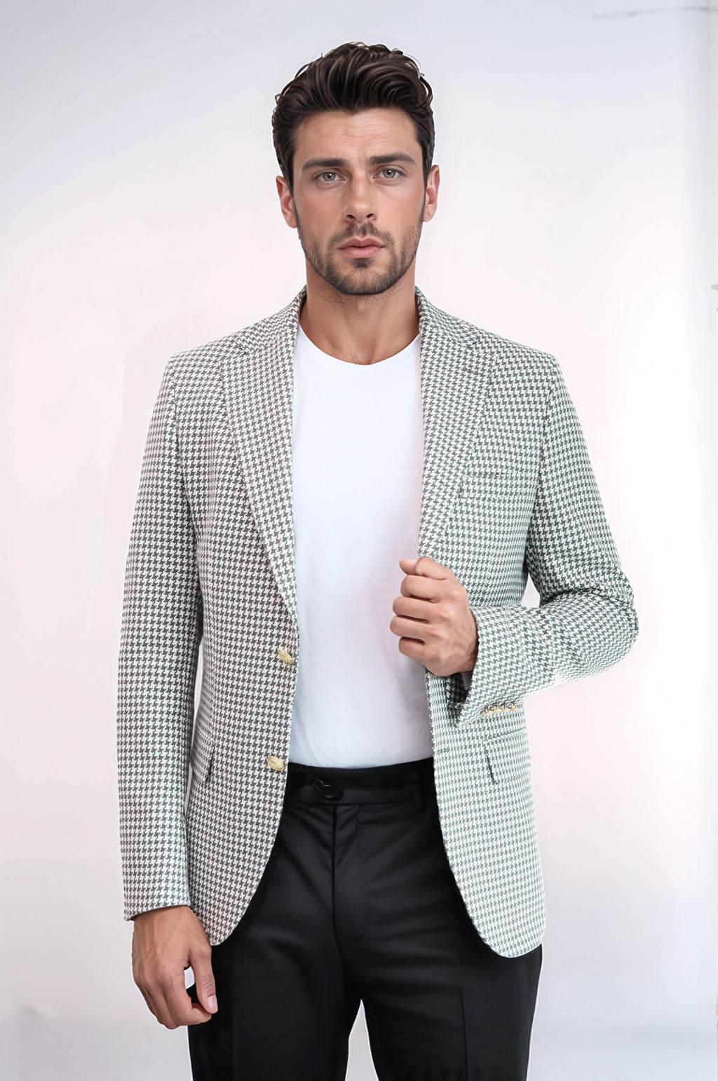 Light Grey Houndstooth Pattern Gold Metal Button Slim Fit Men's Blazer Jacket - Wessi