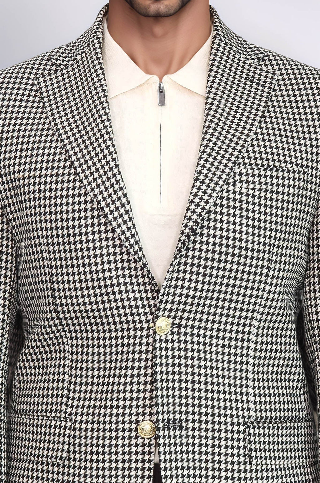 Black & Cream Houndstooth Pattern Gold Metal Button Slim Fit Men's Blazer Jacket - Wessi