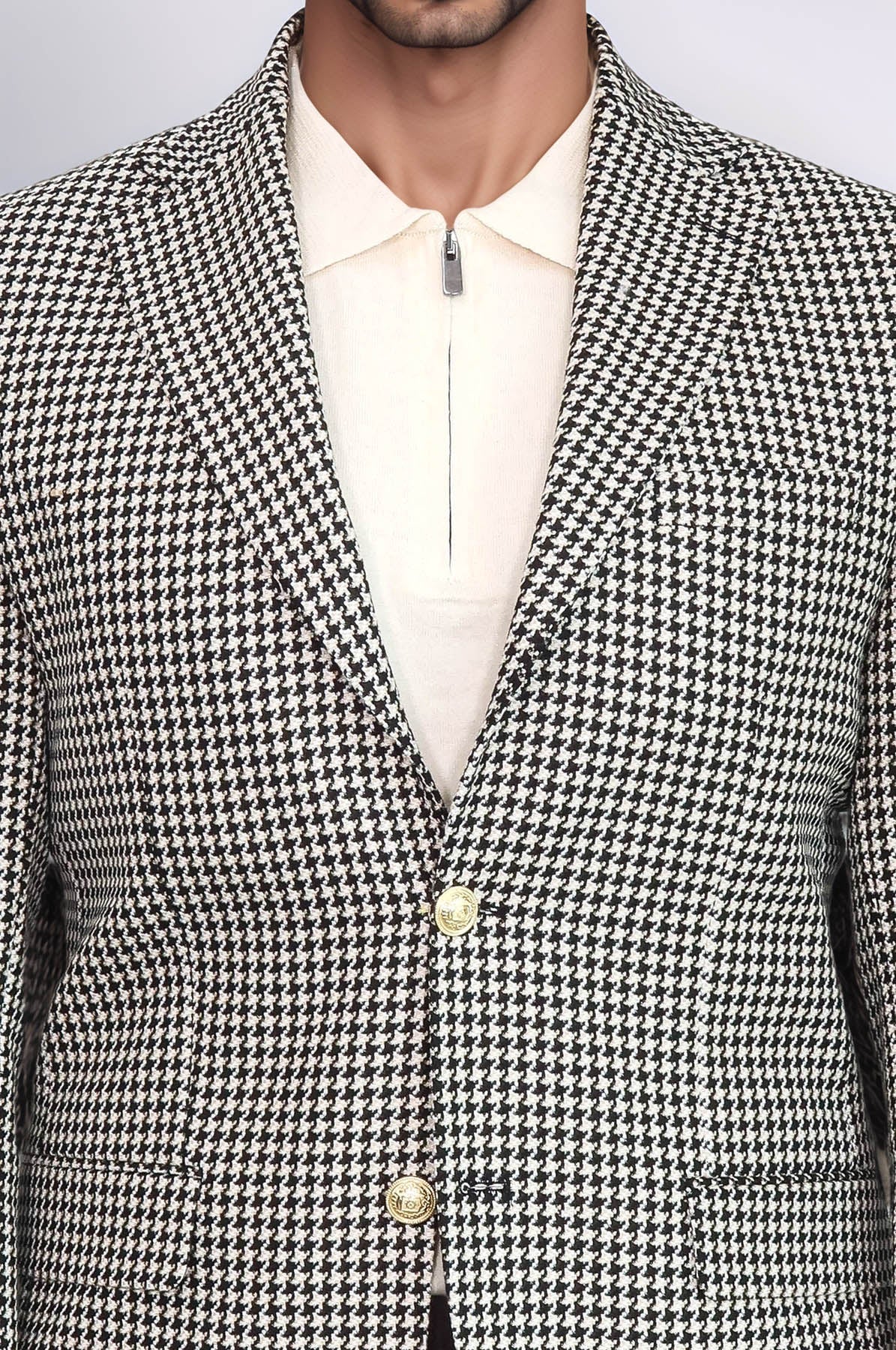 Black & Cream Houndstooth Pattern Gold Metal Button Slim Fit Men's Blazer Jacket - Wessi
