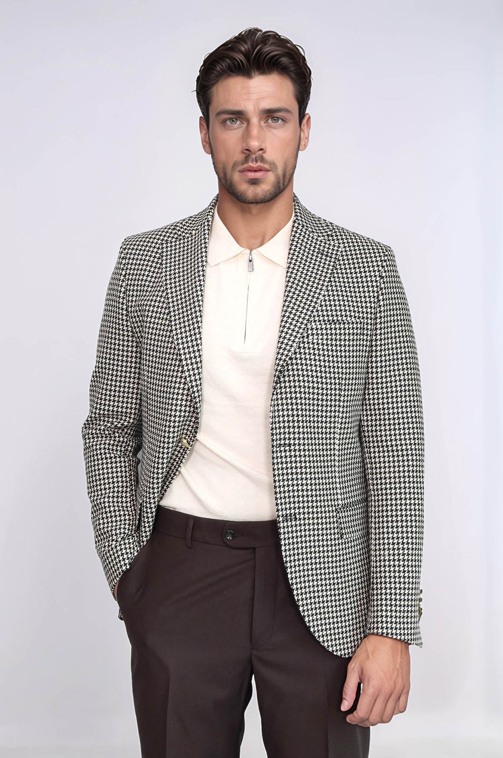 Black & Cream Houndstooth Pattern Gold Metal Button Slim Fit Men's Blazer Jacket - Wessi