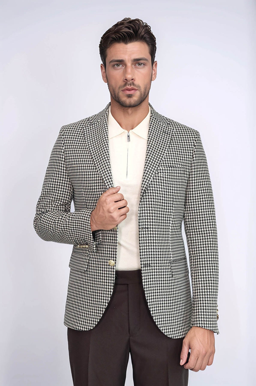 Black & Cream Houndstooth Pattern Gold Metal Button Slim Fit Men's Blazer Jacket - Wessi