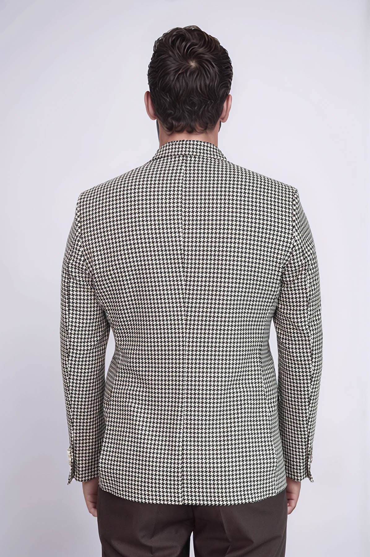 Black & Cream Houndstooth Pattern Gold Metal Button Slim Fit Men's Blazer Jacket - Wessi