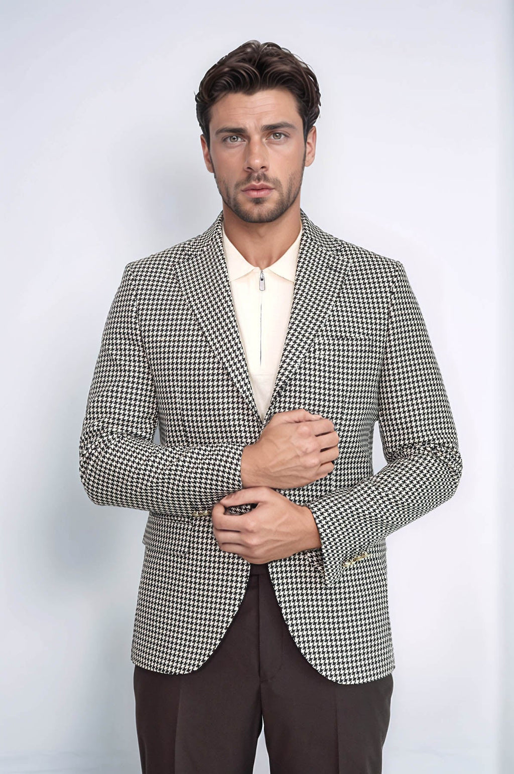 Black & Cream Houndstooth Pattern Gold Metal Button Slim Fit Men's Blazer Jacket - Wessi