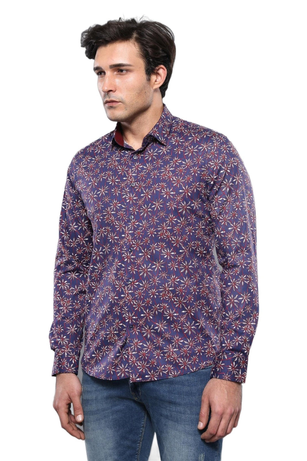 Flower Patterned Long Sleeves Navy Blue Men Shirt  - Wessi
