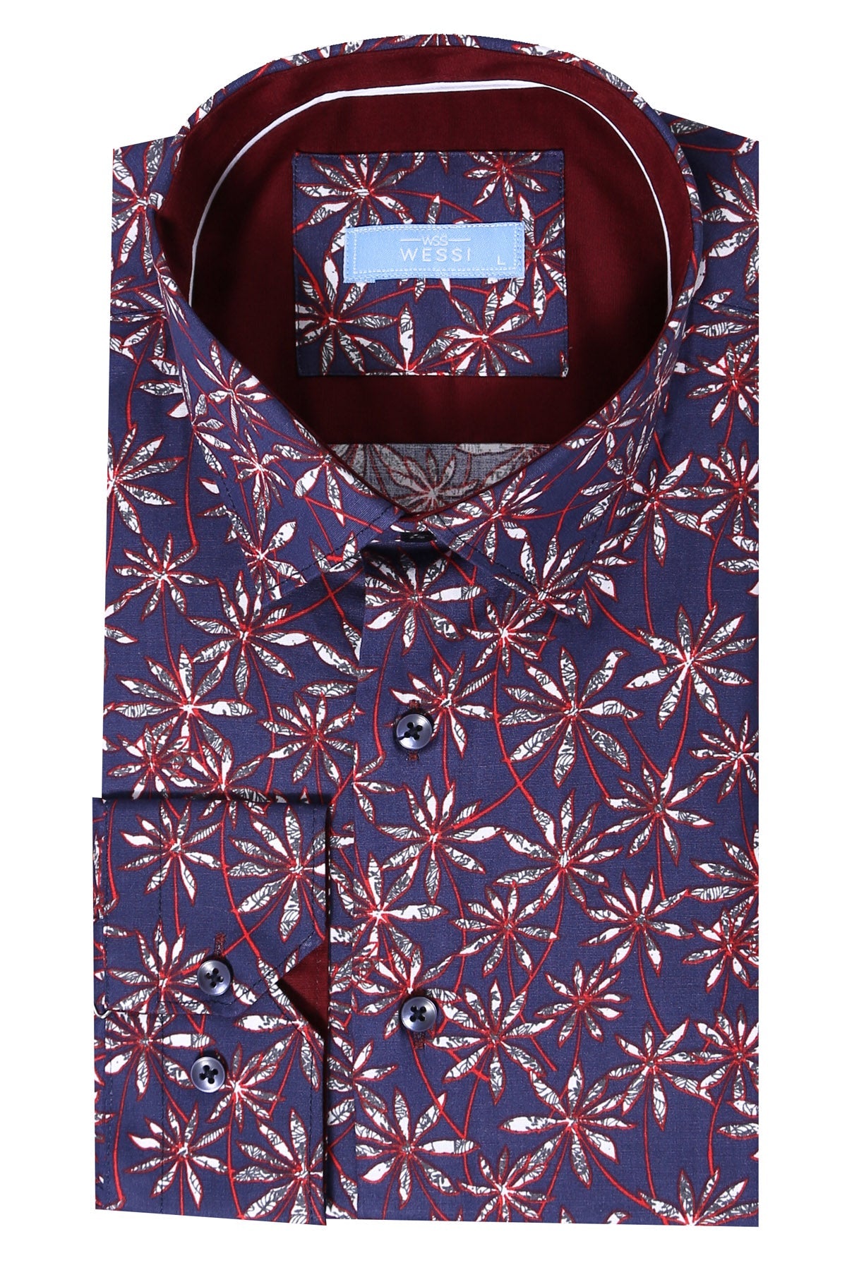 Flower Patterned Long Sleeves Navy Blue Men Shirt  - Wessi