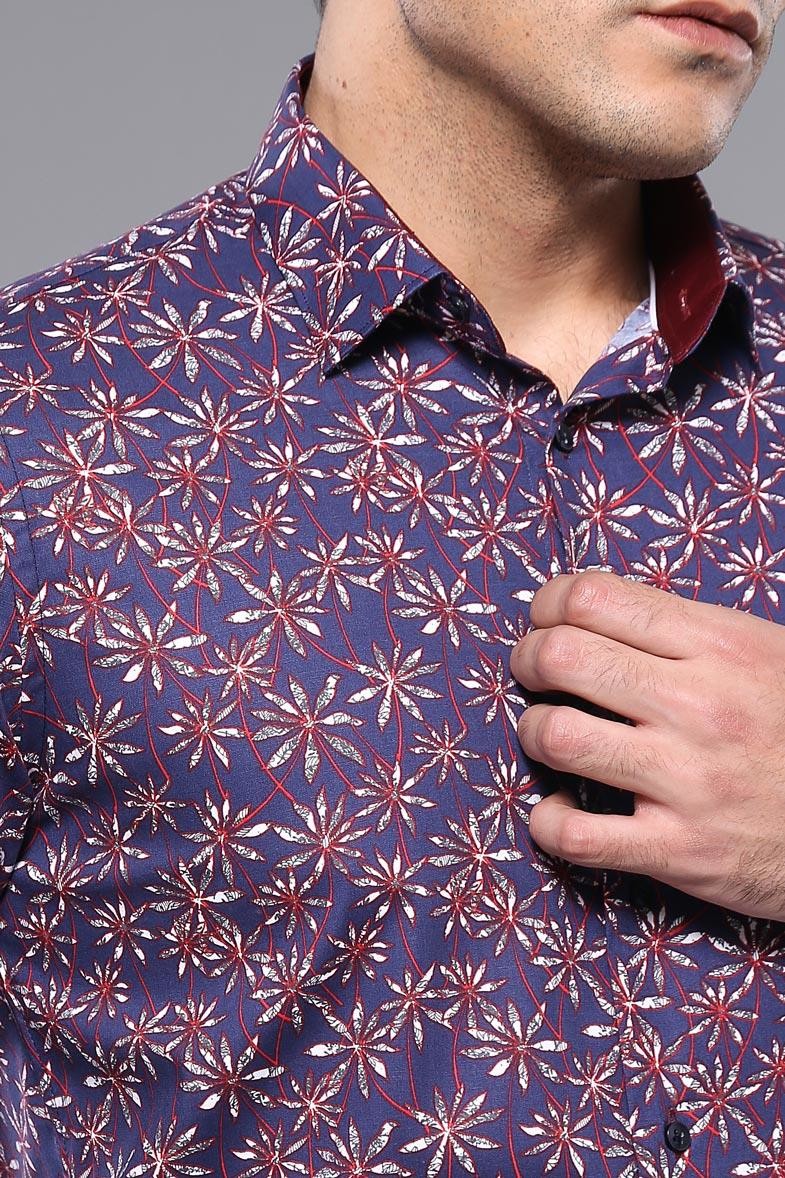 Flower Patterned Long Sleeves Navy Blue Men Shirt  - Wessi