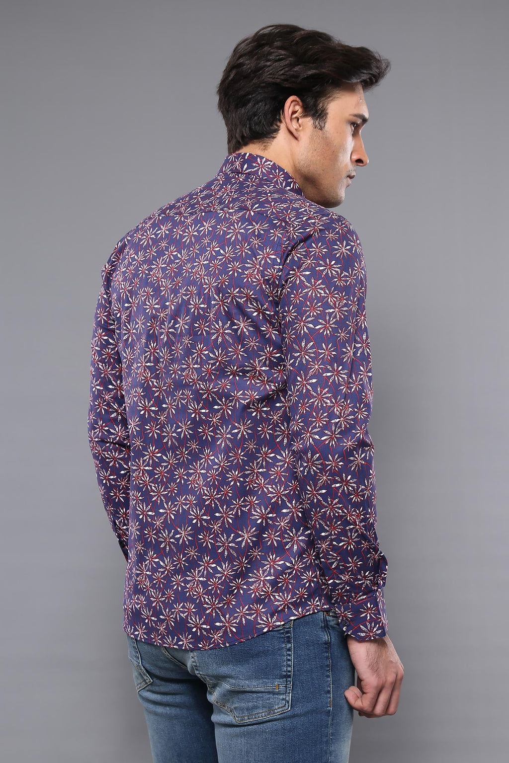 Flower Patterned Long Sleeves Navy Blue Men Shirt  - Wessi