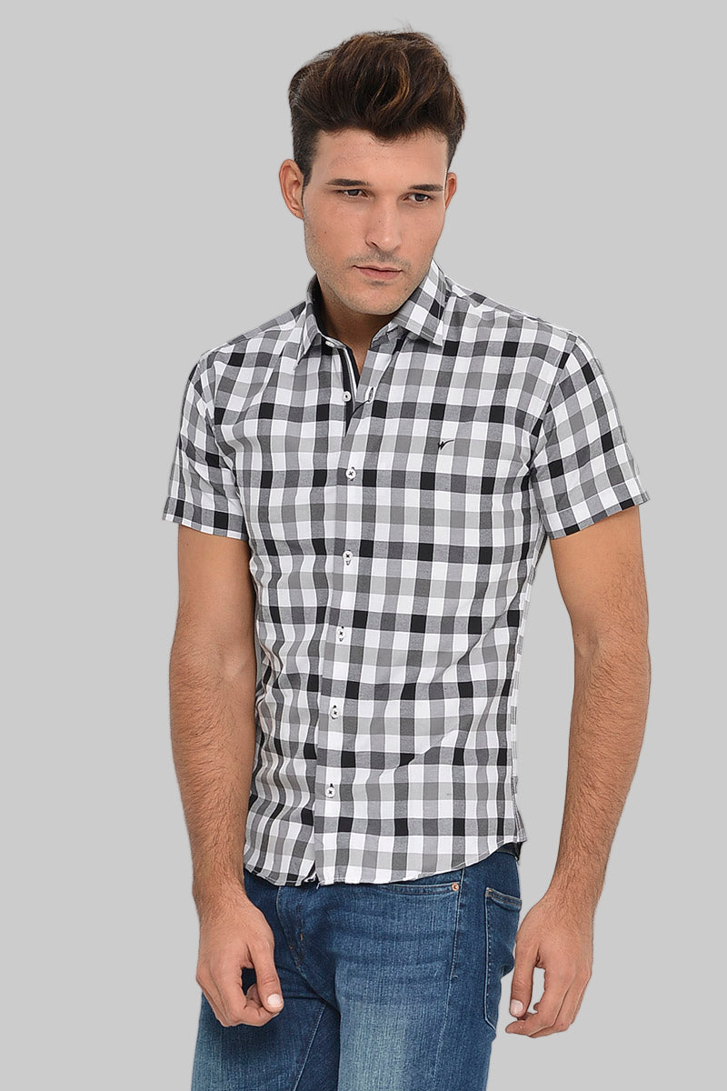 Checked Short Sleeve White-Black Men Shirt - Wessi