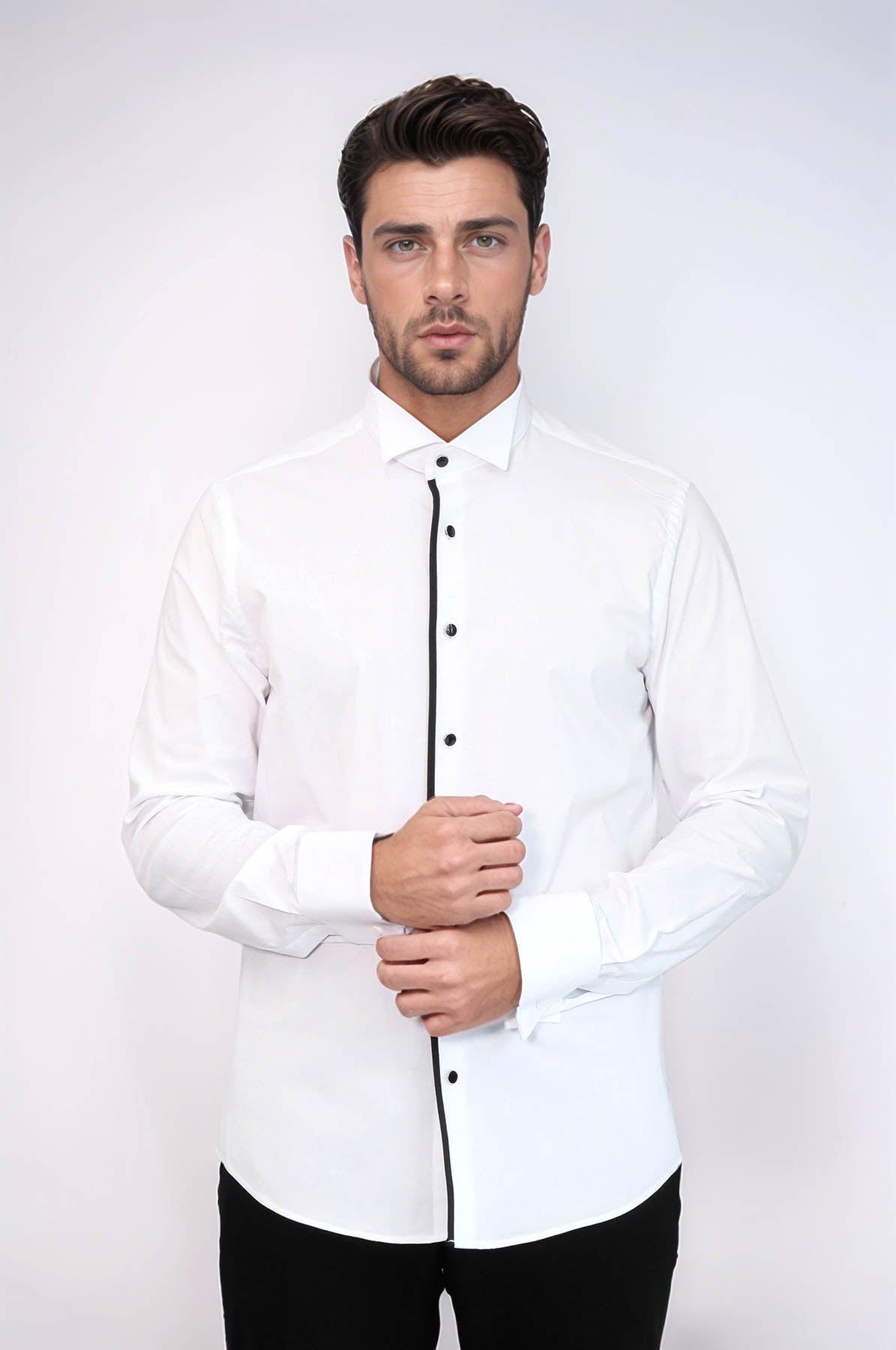 Black Stripe Detailed White Men Tuxedo Shirt - Wessi