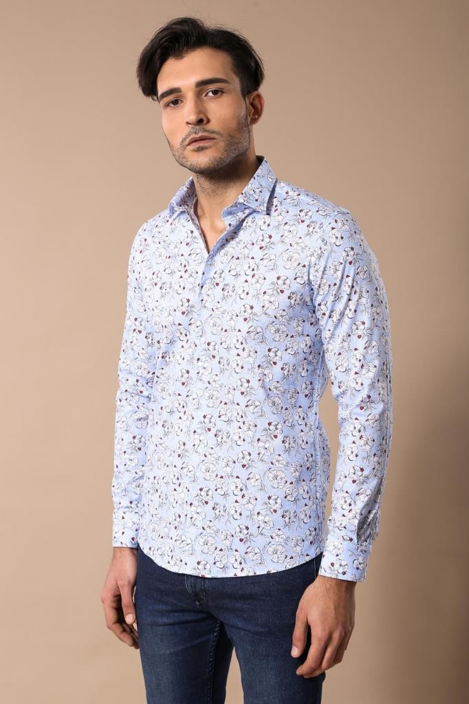 Patterned Cotton Light Blue Shirt-Wessi