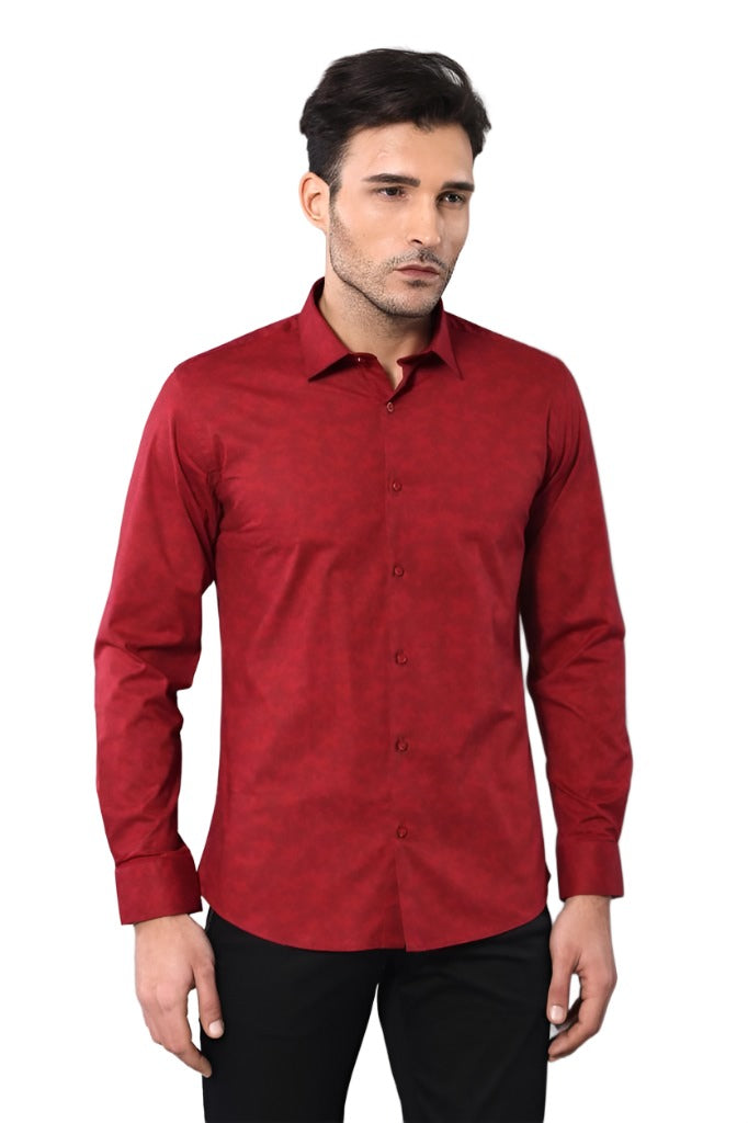Burgundy Slimfit Shirt with Self Flower Pattern - Wessi