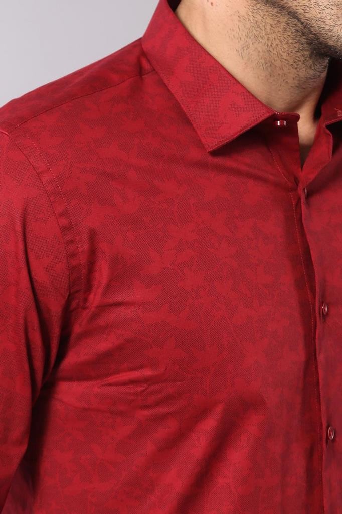 Burgundy Slimfit Shirt with Self Flower Pattern - Wessi