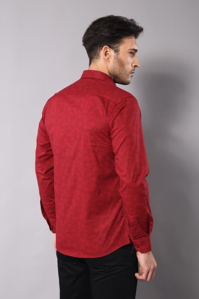 Burgundy Slimfit Shirt with Self Flower Pattern - Wessi