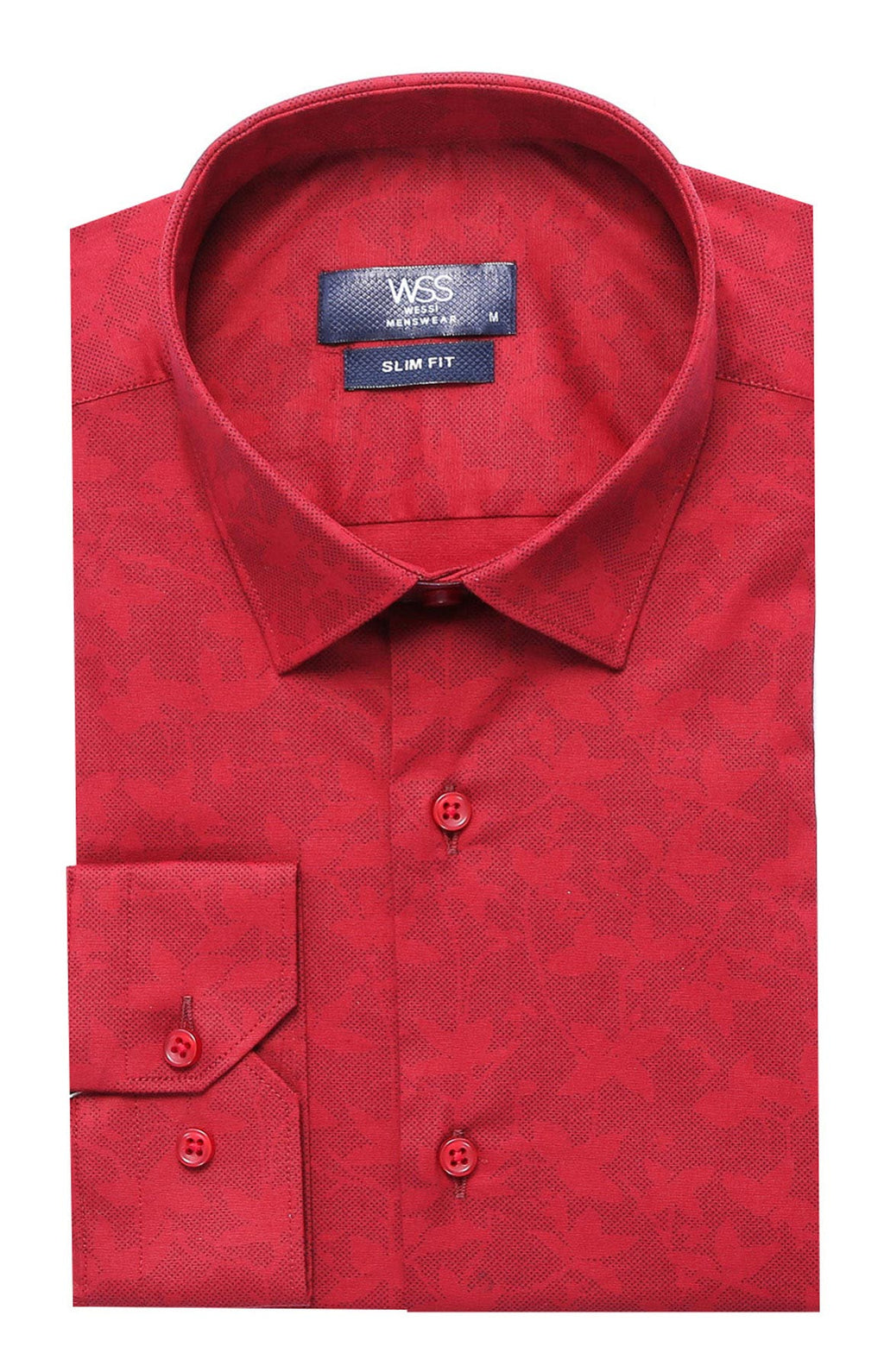 Burgundy Slimfit Shirt with Self Flower Pattern - Wessi