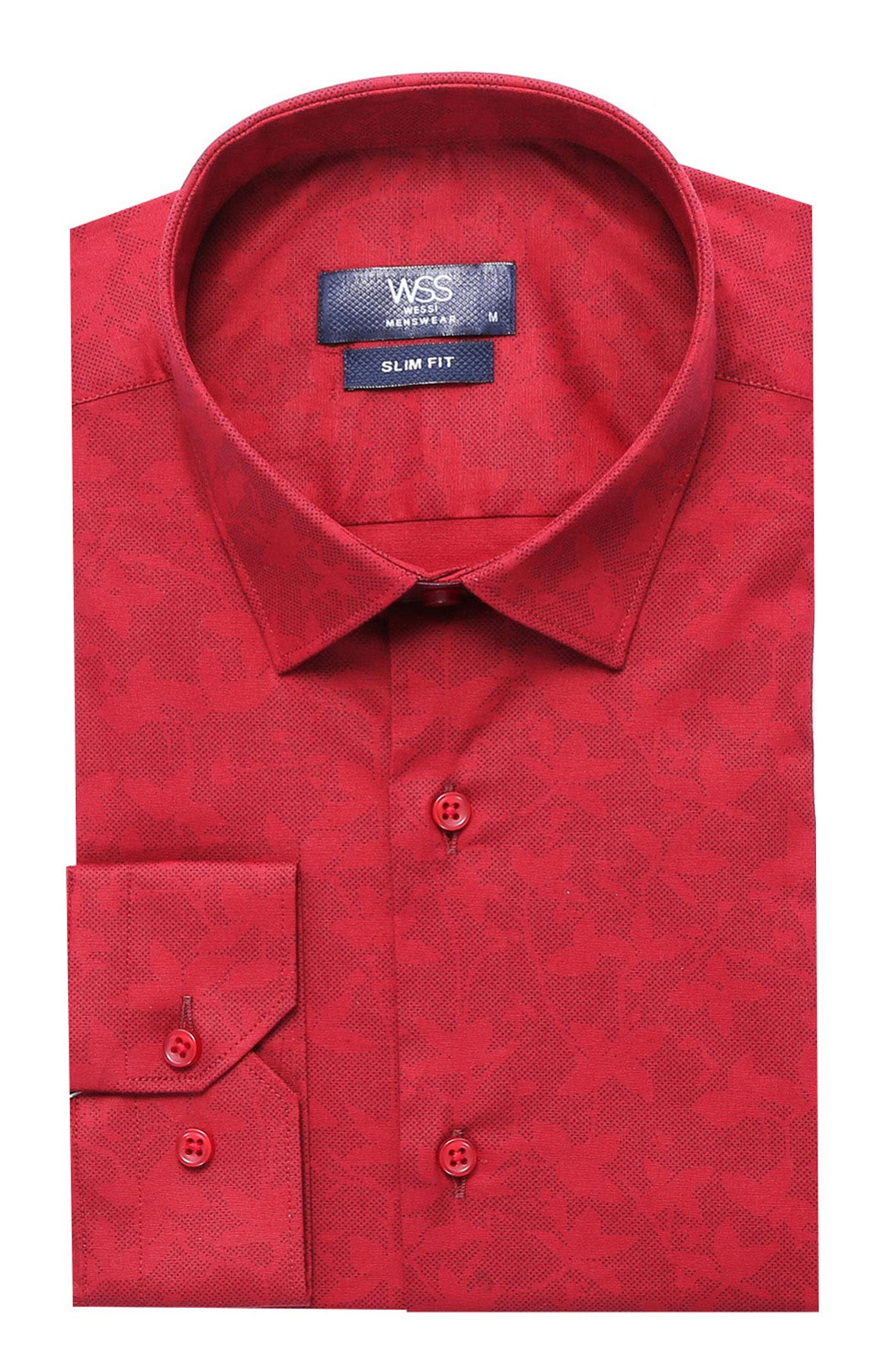 Burgundy Slimfit Shirt with Self Flower Pattern - Wessi