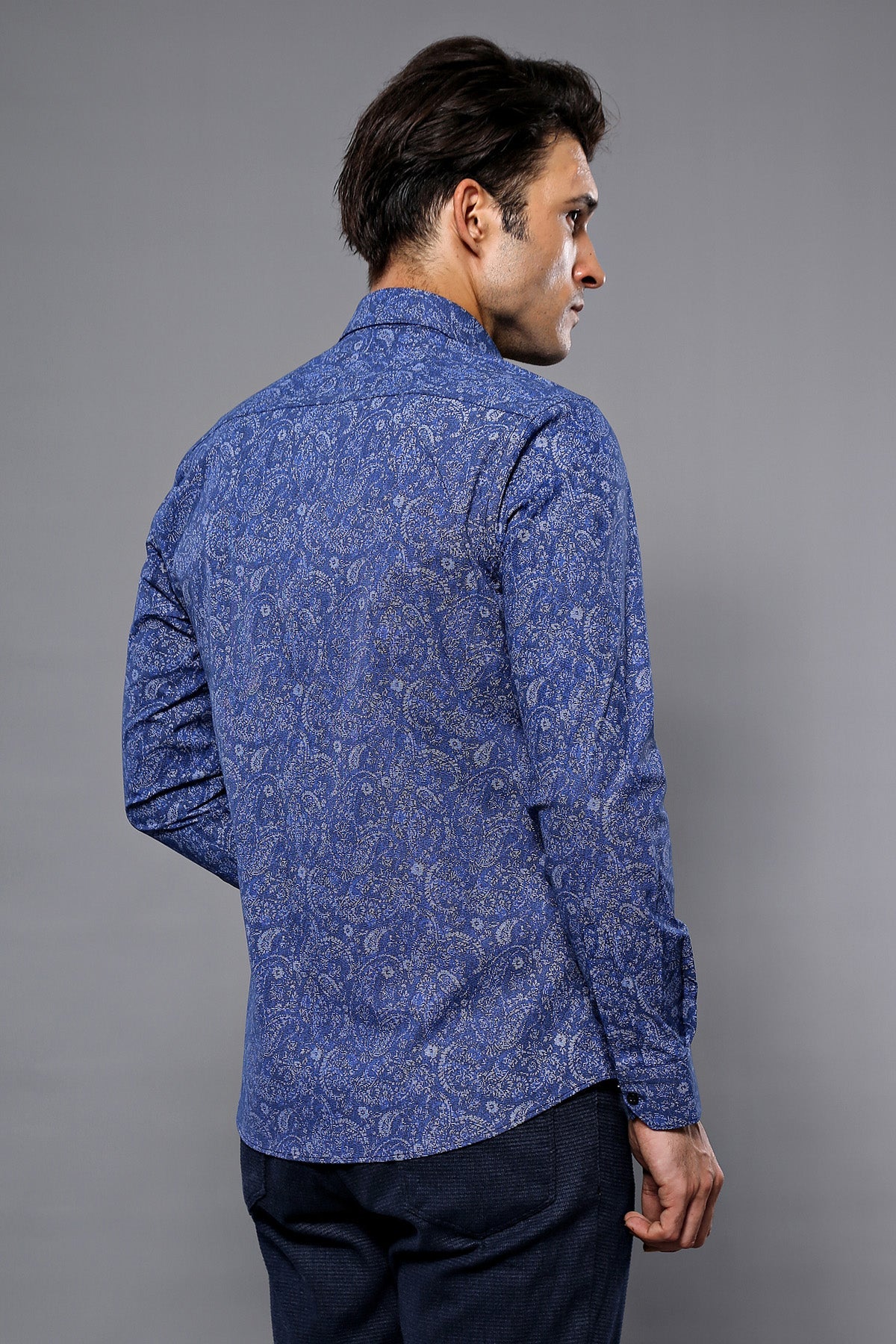 Damask Pattern Long Sleeves Men Blue Shirt - Wessi