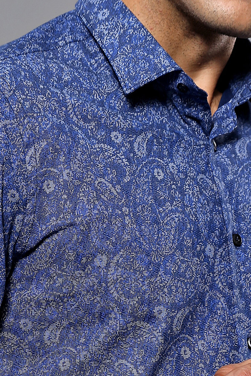 Damask Pattern Long Sleeves Men Blue Shirt - Wessi