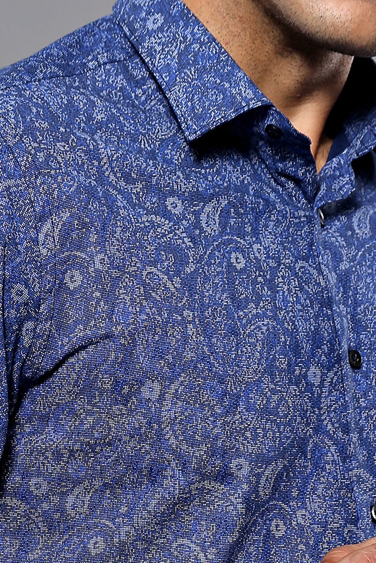 Damask Pattern Long Sleeves Men Blue Shirt - Wessi