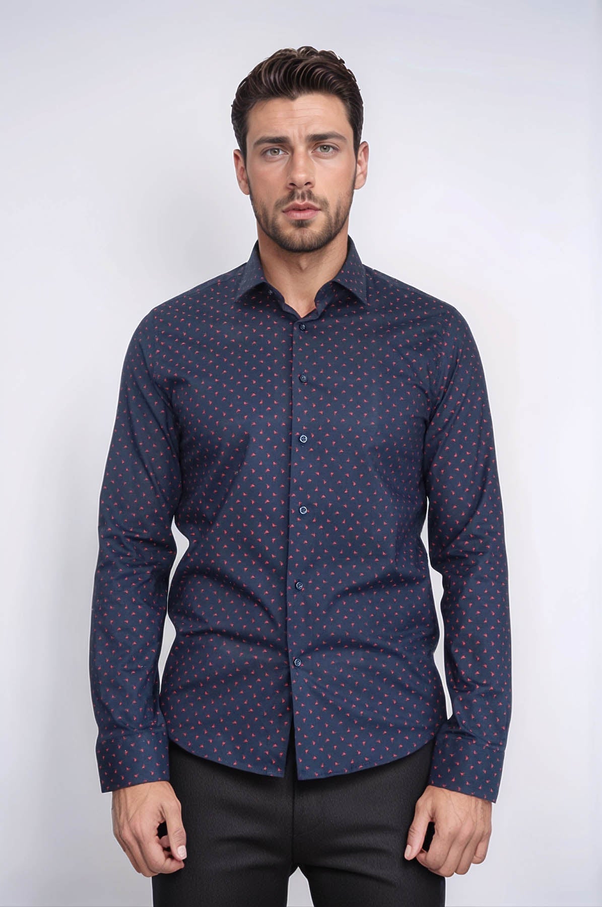 Men’s Navy Shirt with Minimal Red Pattern – Wessi