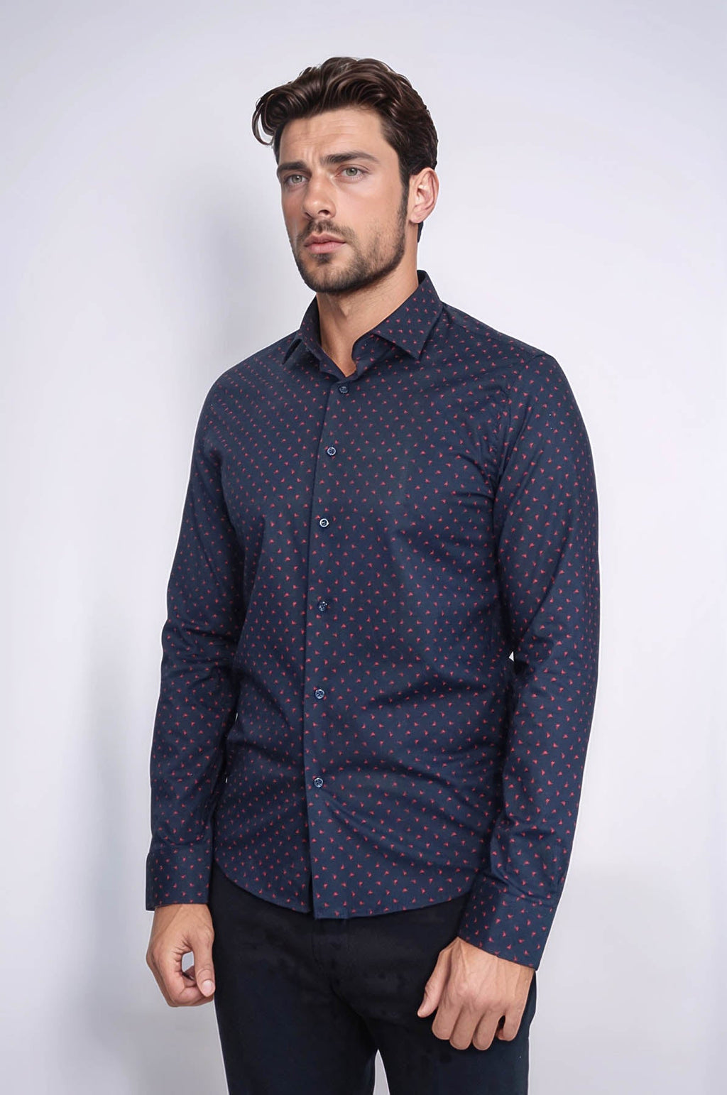 Men’s Navy Shirt with Minimal Red Pattern – Wessi