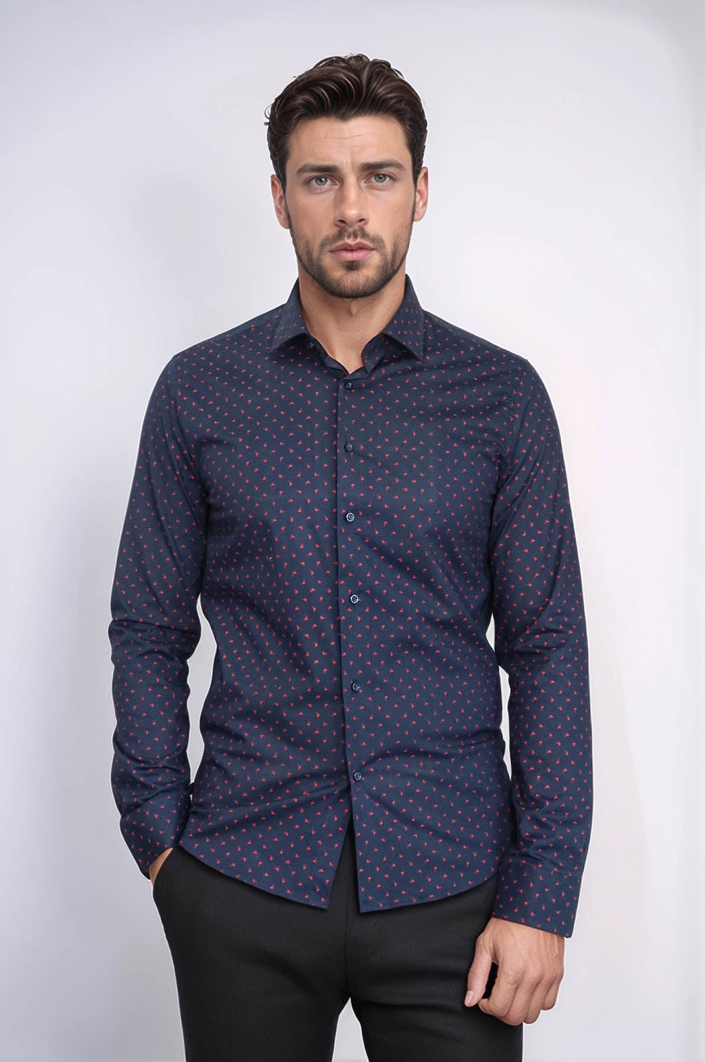 Men’s Navy Shirt with Minimal Red Pattern – Wessi