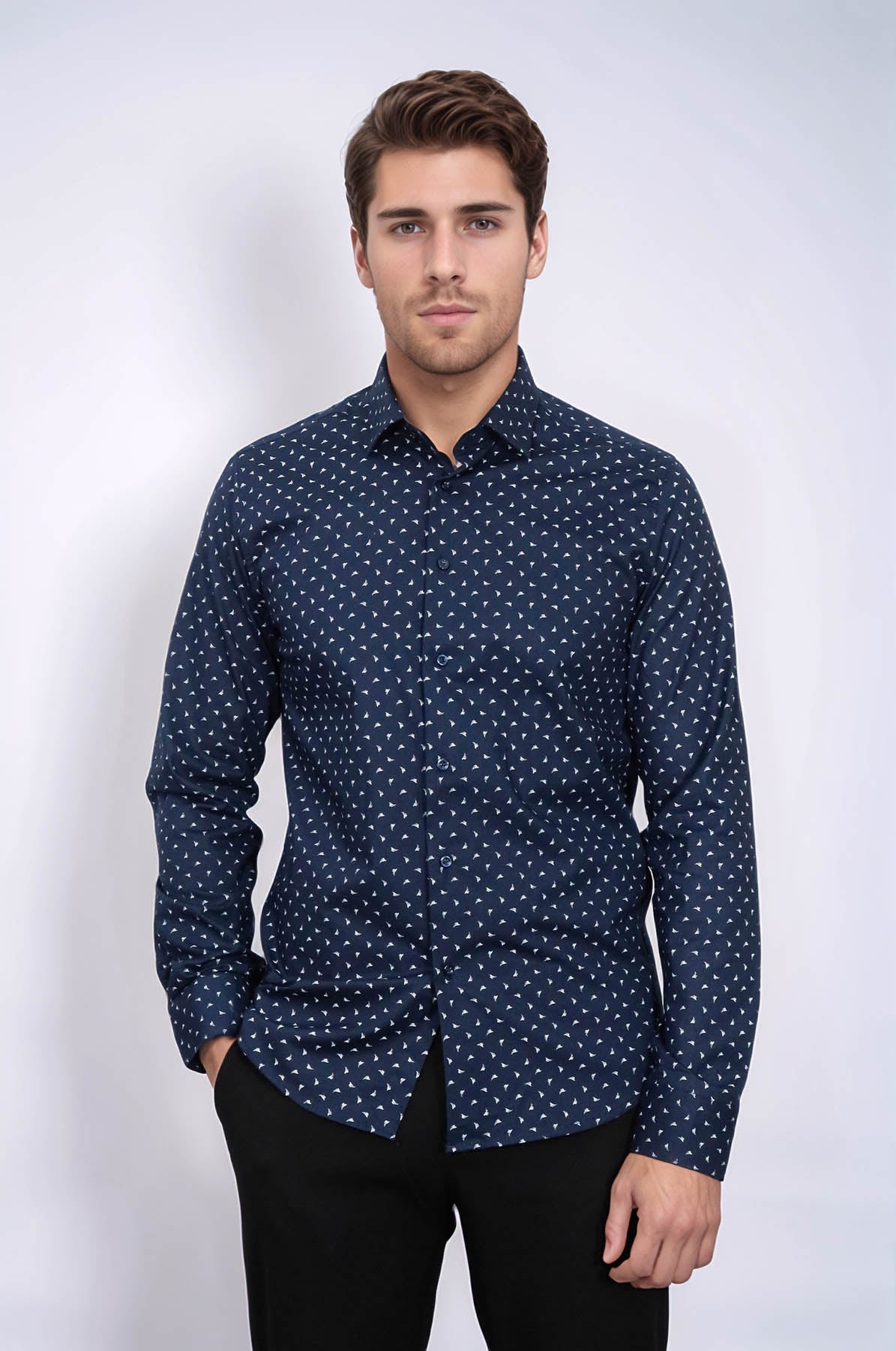 Men’s Navy Shirt with Minimal White Pattern – Wessi