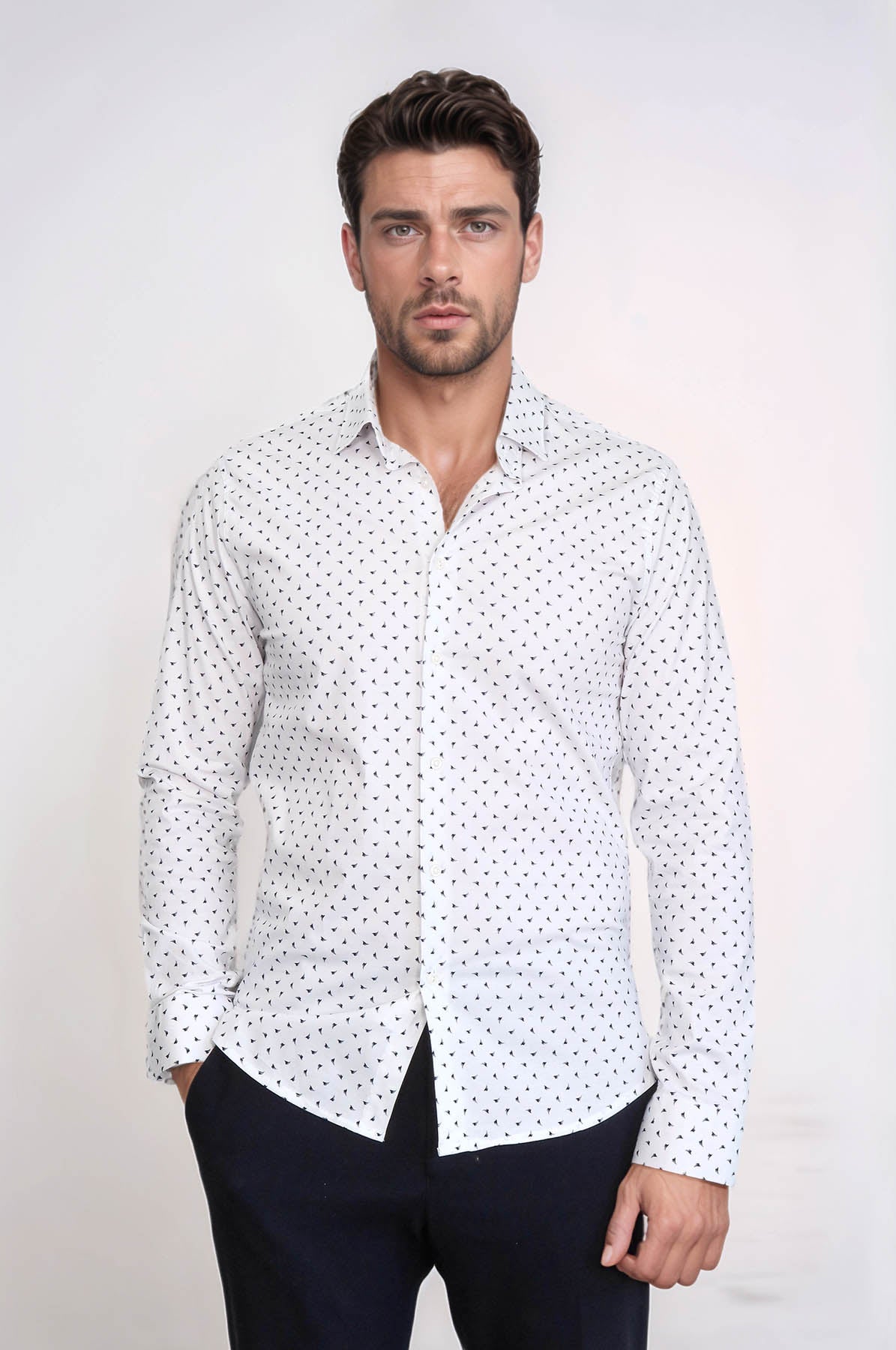 Men’s White Shirt with Minimal Black Pattern – Wessi