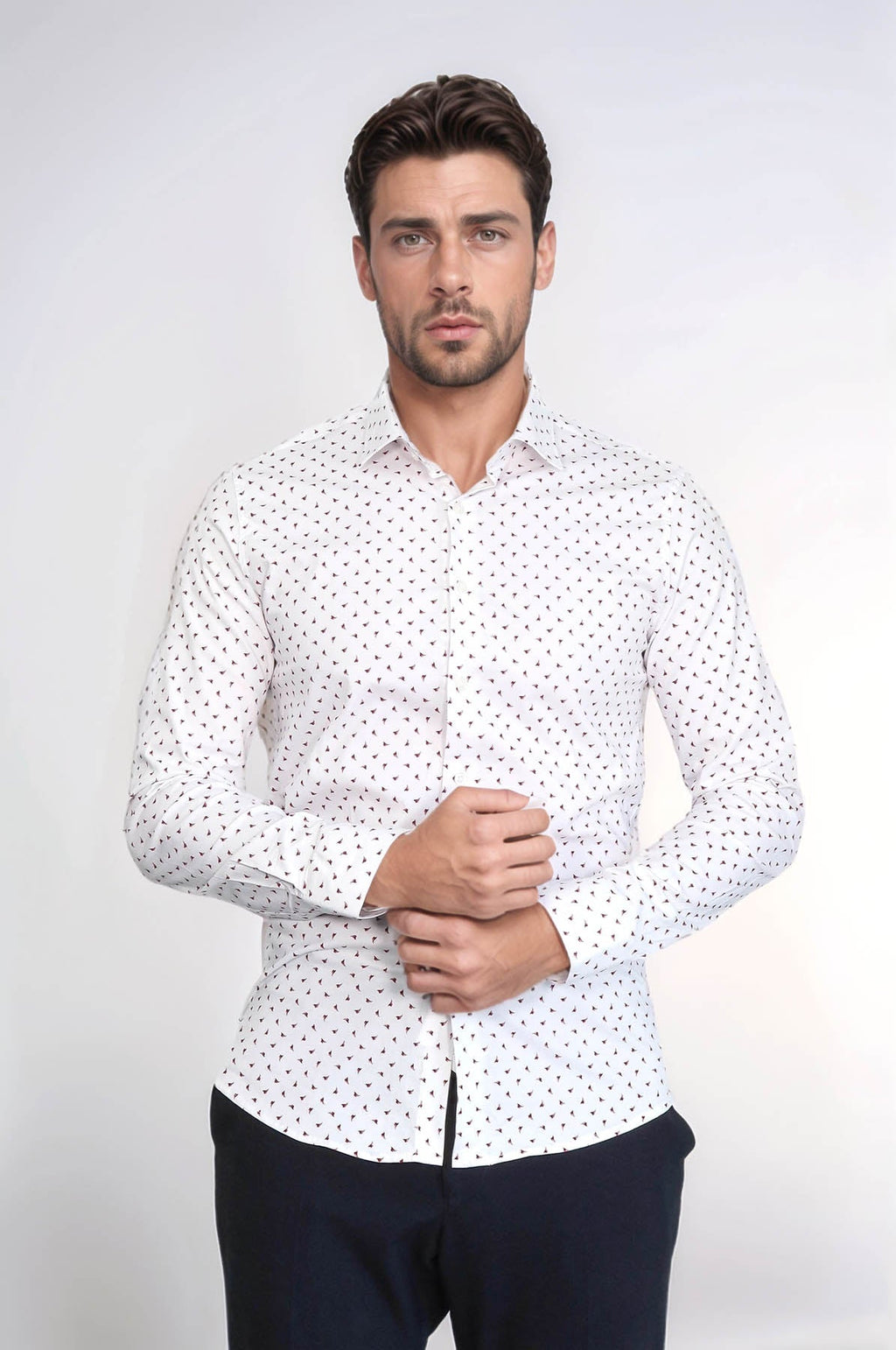 Men’s White Shirt with Minimal Burgundy Pattern – Wessi