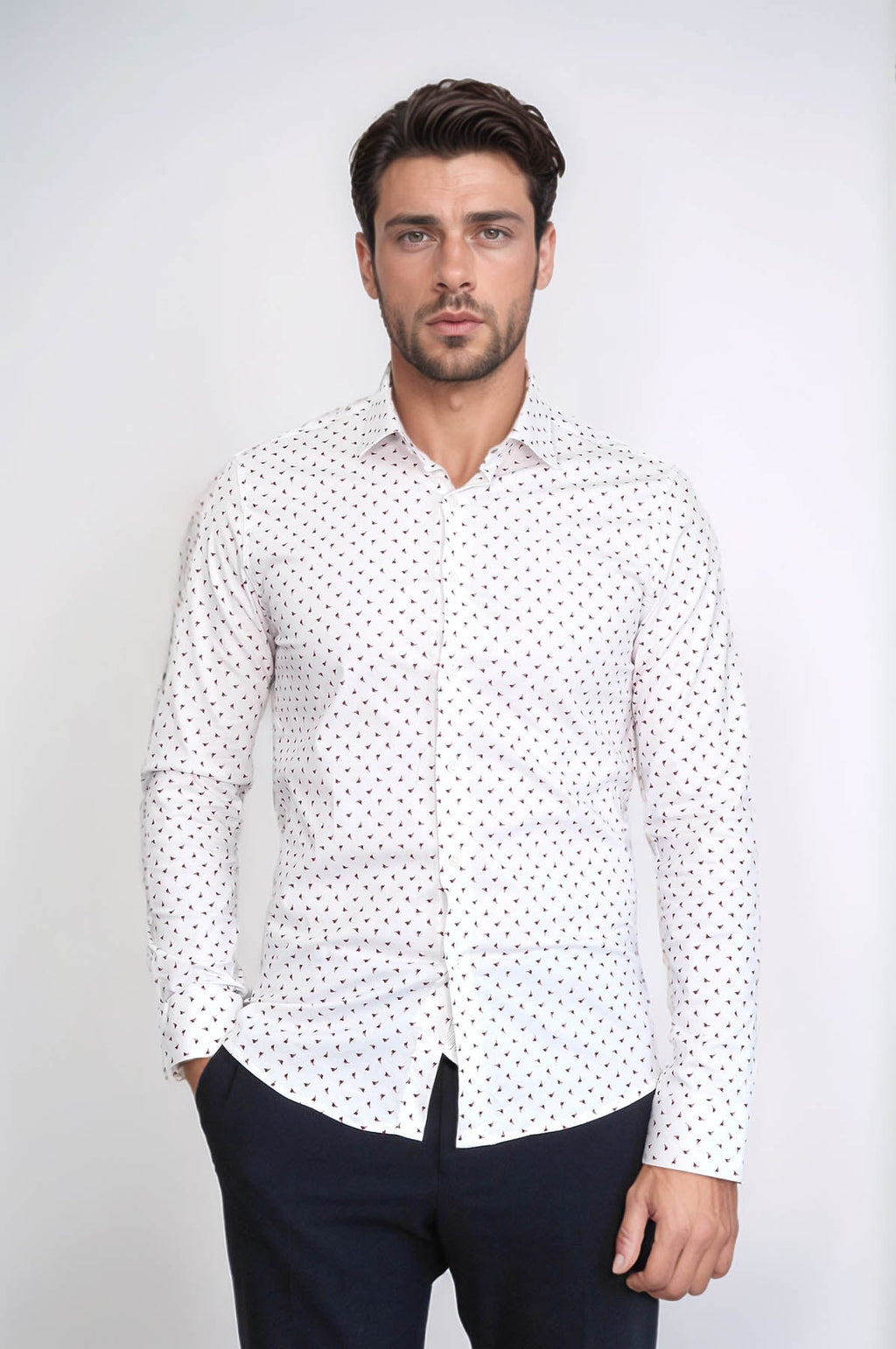 Men’s White Shirt with Minimal Burgundy Pattern – Wessi
