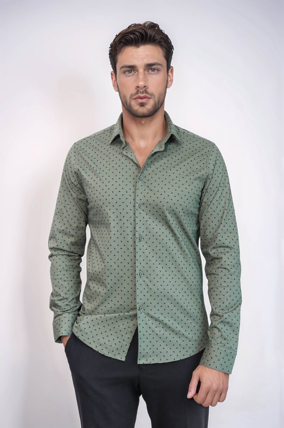 Men’s Khaki Shirt with Minimal Black Pattern – Wessi