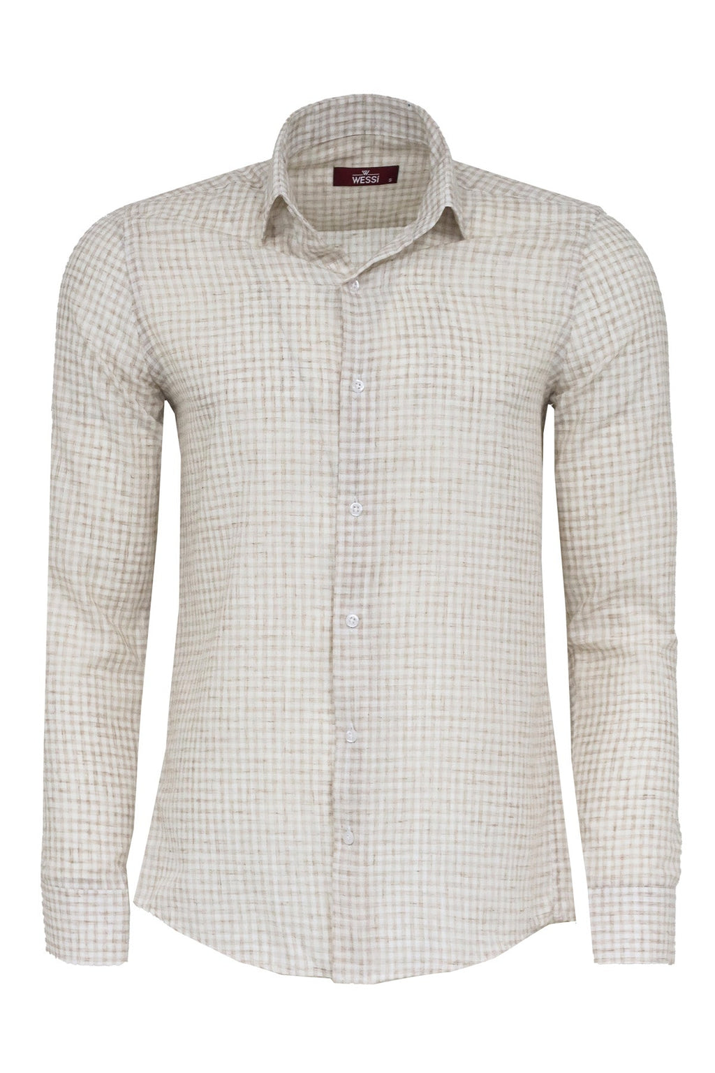 Beige Textured Single-Breasted Blazer with Brown Pants and Checkered Shirt - Casual Business Look