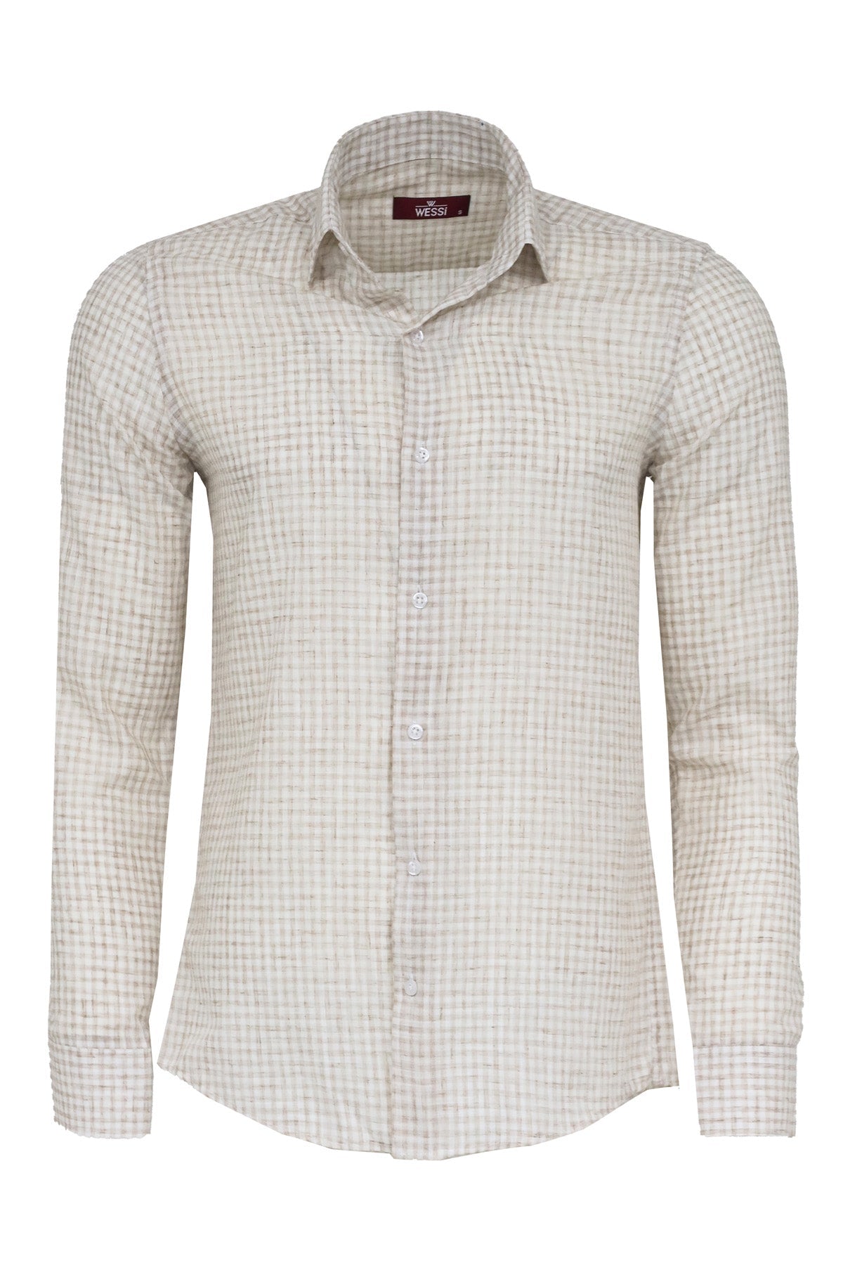 Beige Textured Single-Breasted Blazer with Brown Pants and Checkered Shirt - Casual Business Look