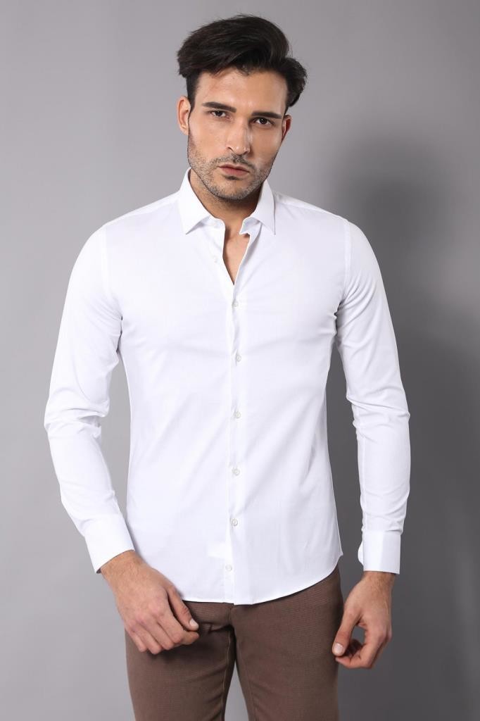 Stretch Cotton White Men Dress Shirt | Wessi