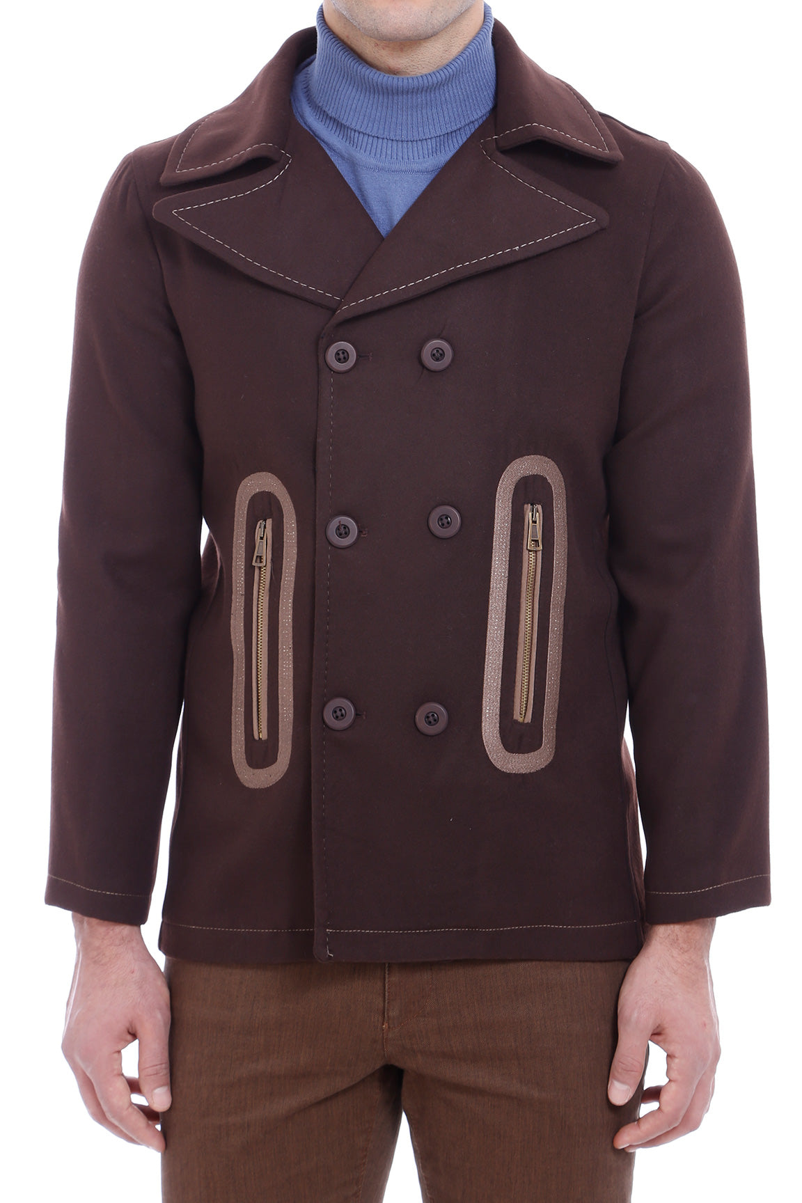Pocket Edge Embroidered 6 Buttons Brown Coat-Wessi