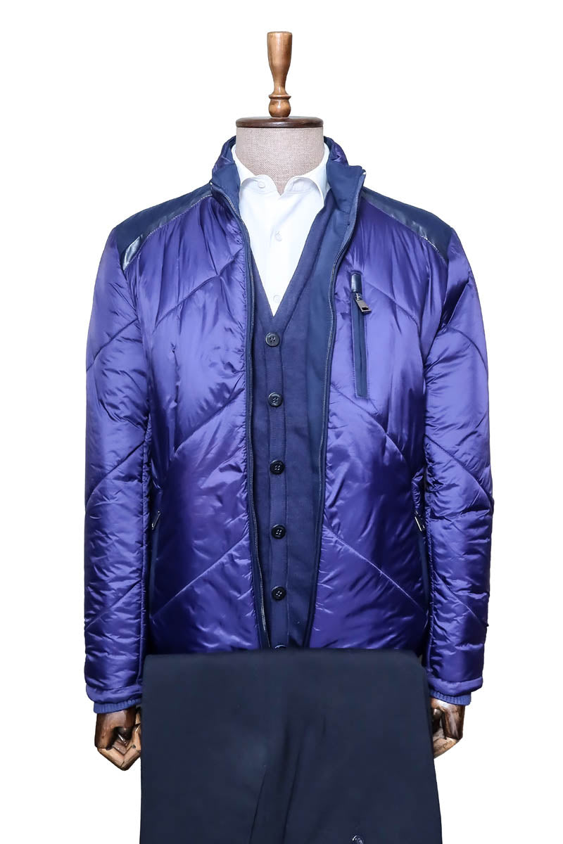 Navy Blue Quilted Jacket, Navy Trousers, and Knit Cardigan Ensemble - Modern Winter Style - Wessi