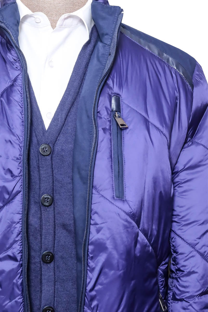 Navy Blue Quilted Jacket, Navy Trousers, and Knit Cardigan Ensemble - Modern Winter Style - Wessi