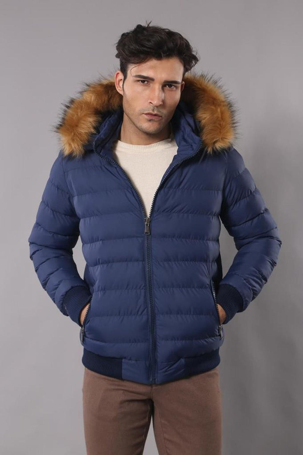 Navy Men's Puffer Coat with Fur - Wessi