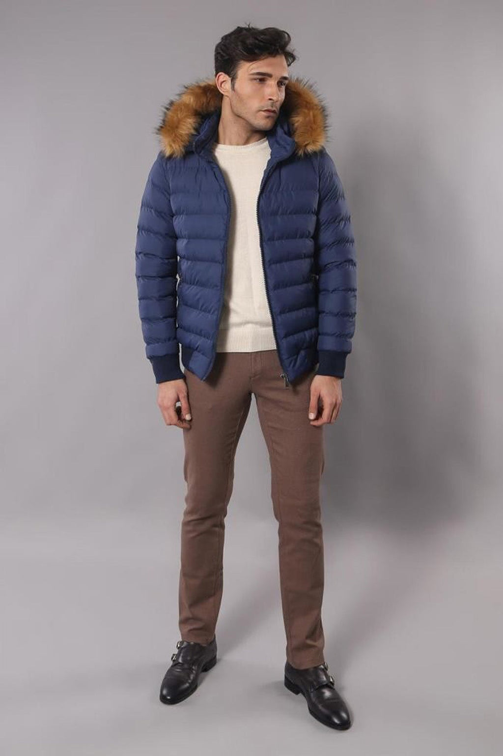 Navy Men's Puffer Coat with Fur - Wessi