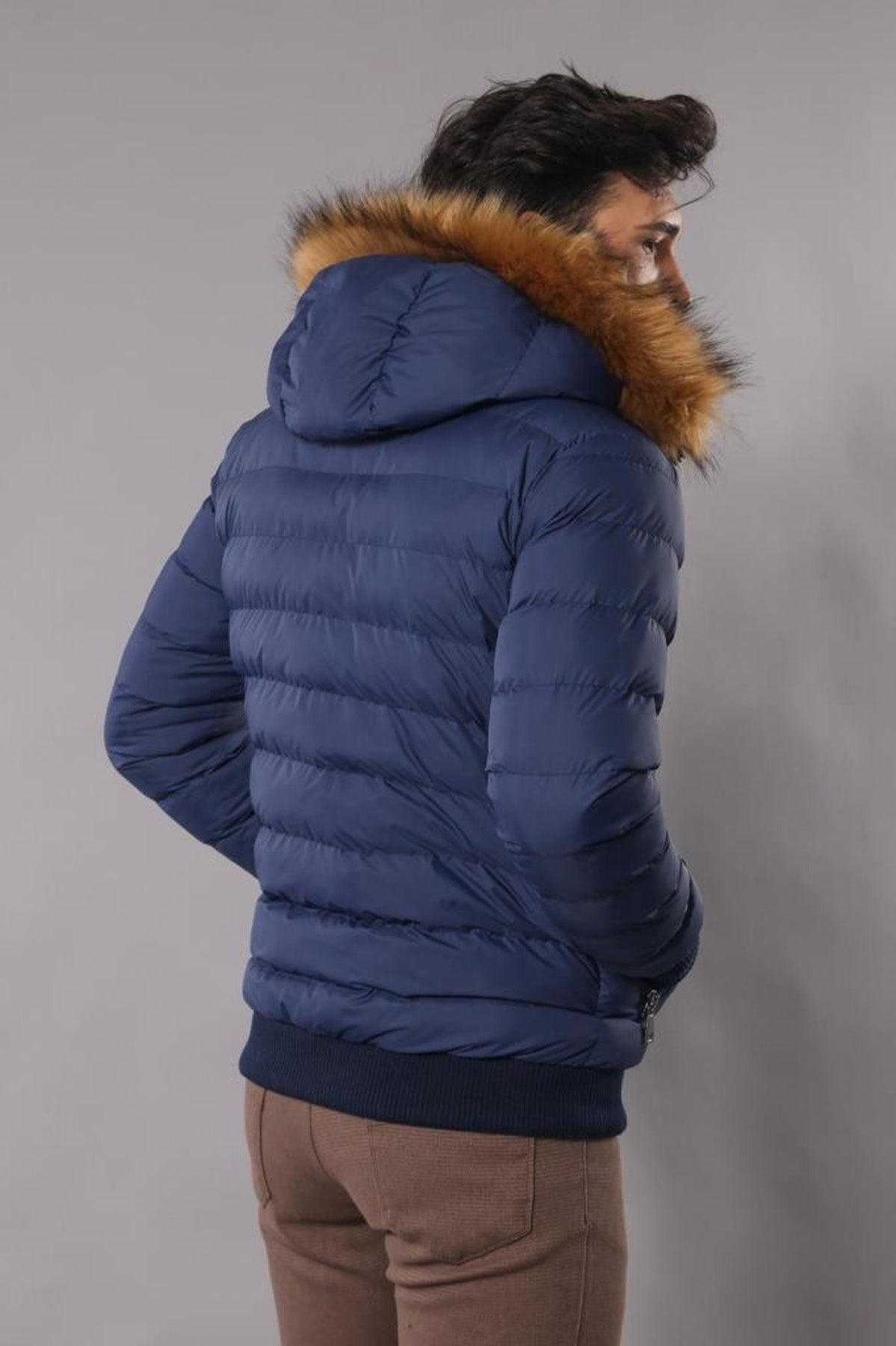Navy Men's Puffer Coat with Fur - Wessi