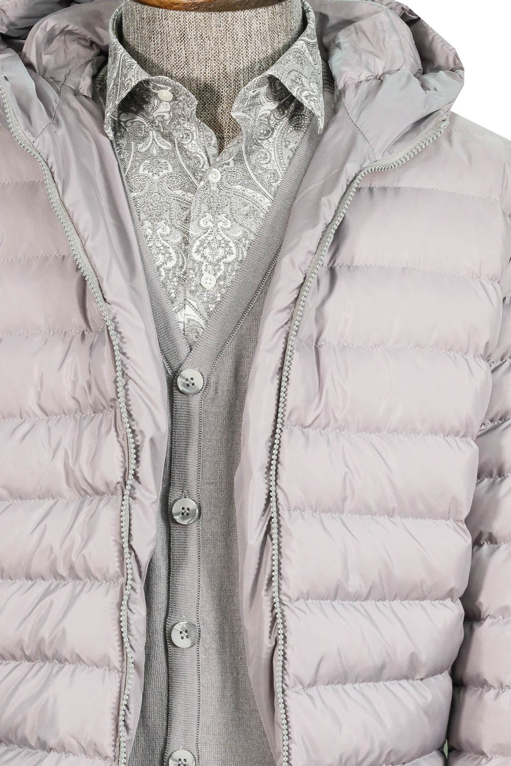 Gray Quilted Jacket, Patterned Shirt, Cardigan, and Gray Trousers Combination - Modern Winter Style - Wessi