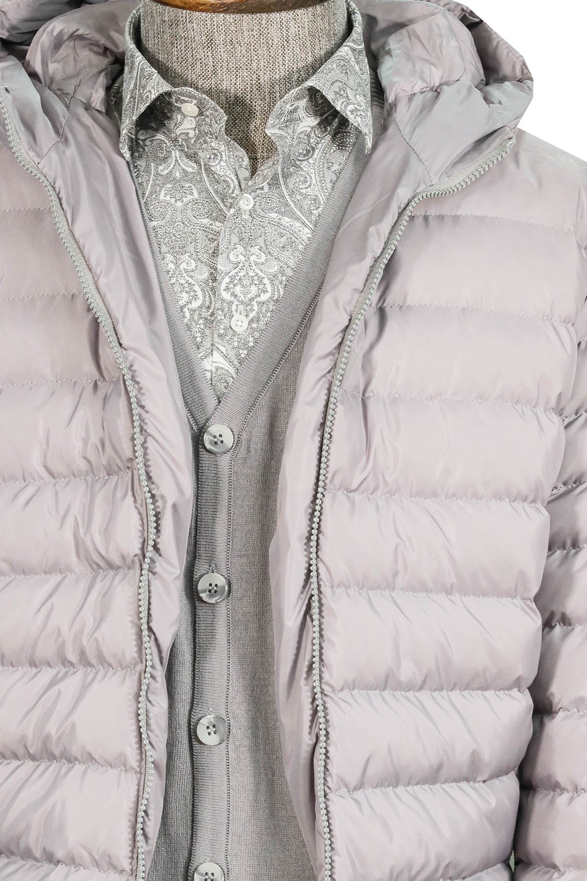 Gray Quilted Jacket, Patterned Shirt, Cardigan, and Gray Trousers Combination - Modern Winter Style - Wessi