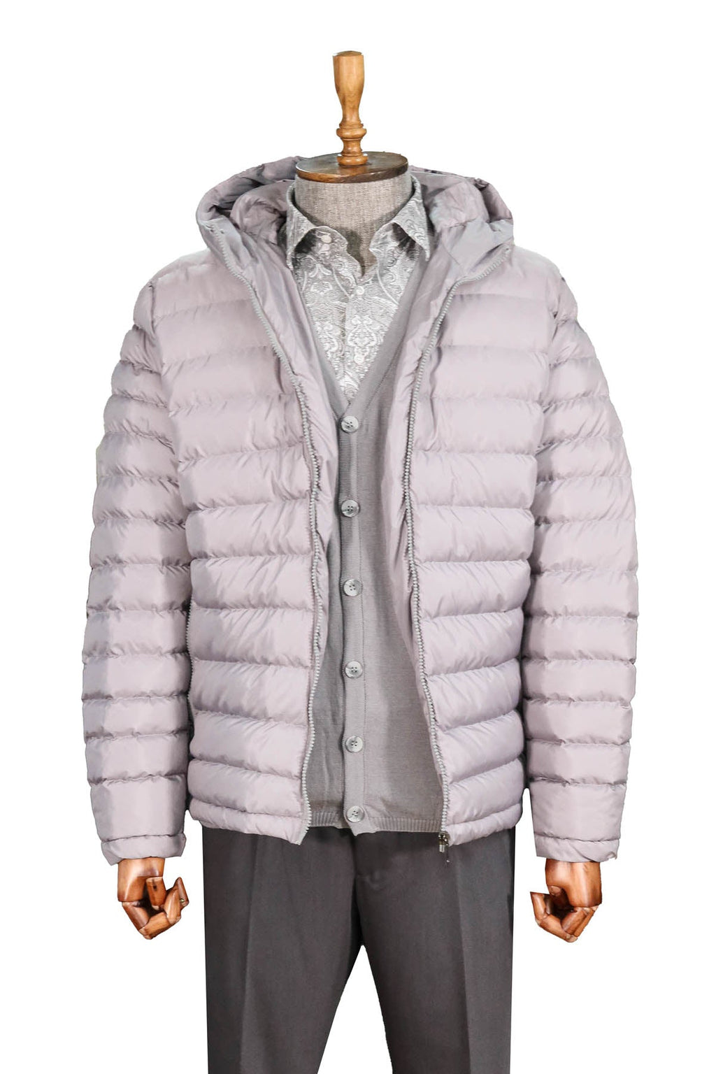 Gray Quilted Jacket, Patterned Shirt, Cardigan, and Gray Trousers Combination - Modern Winter Style - Wessi