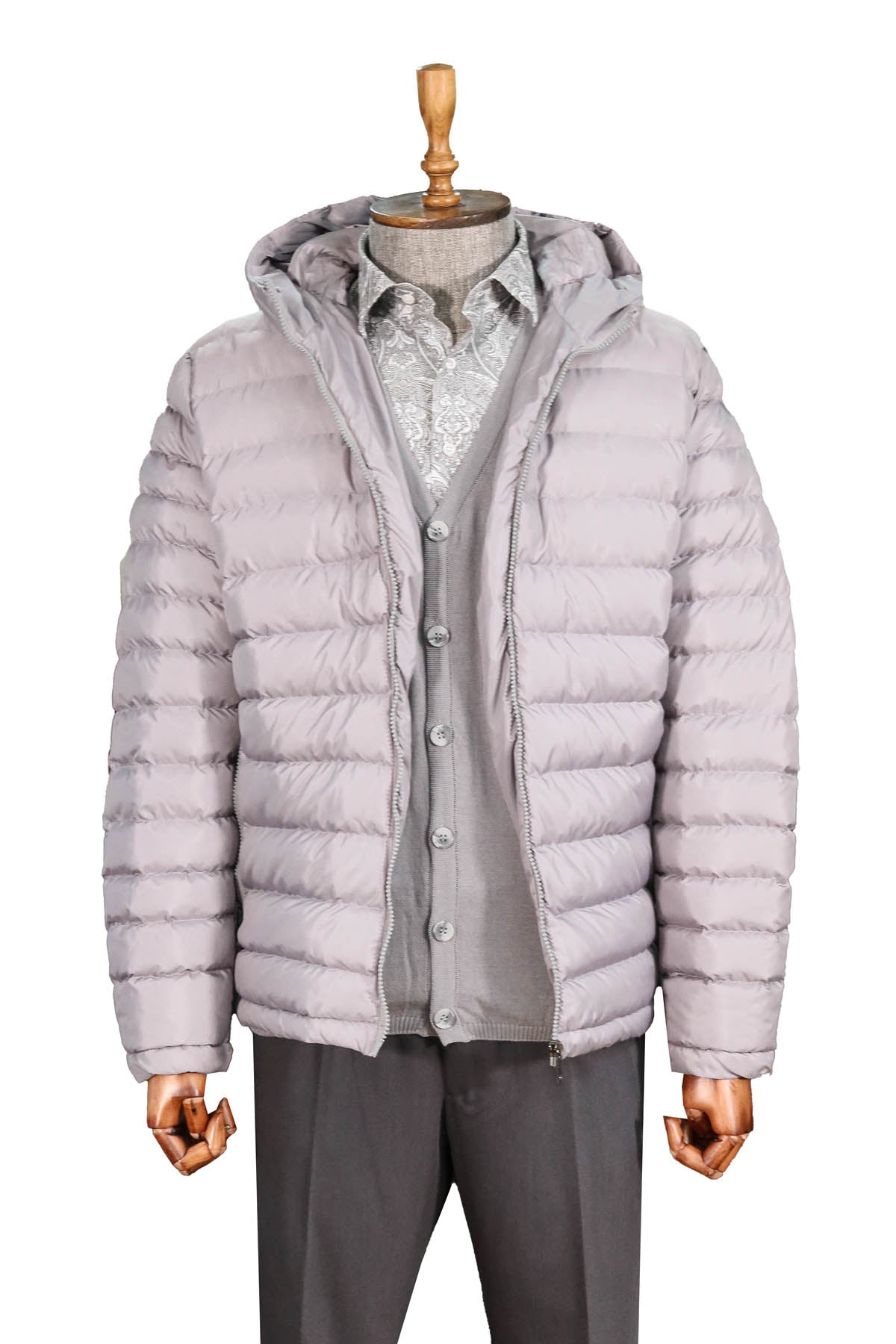 Gray Quilted Jacket, Patterned Shirt, Cardigan, and Gray Trousers Combination - Modern Winter Style - Wessi