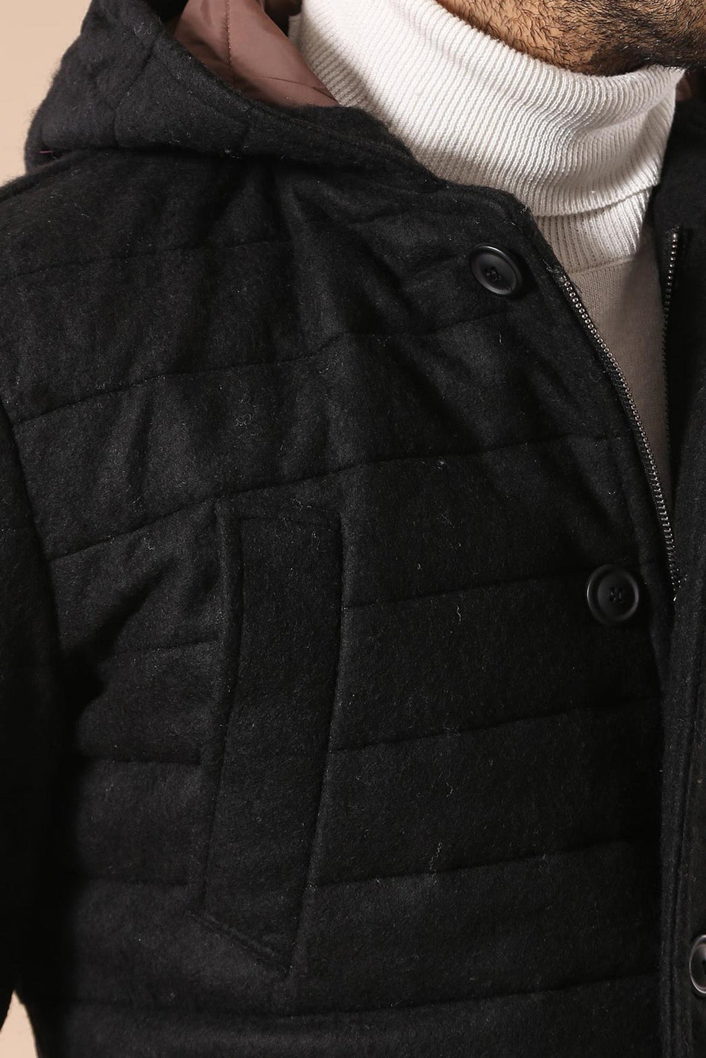 Bag Pocket Felt Hooded 4 Pocket Black Coat-Wessi