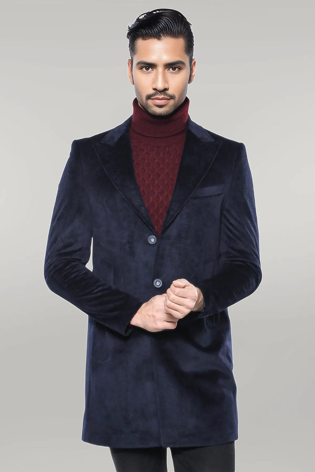 Navy Blue Coat, White Scarf, Turtleneck Knitwear, and Plaid Trousers Look - Wessi Urban Men’s Winter Fashion