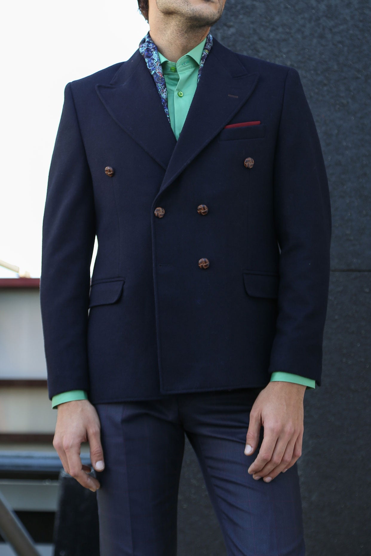 Mens Double Breasted Slim Fit Navy Blue Blazer - Wessi